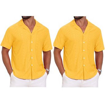 2 Packs Men's Camp Collar Shirt Button Down Short Sleeve Hollow Texture Knit Shirts