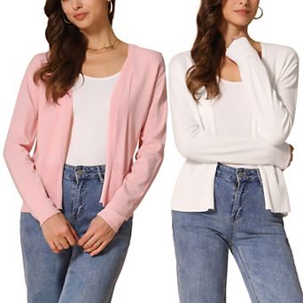 2 Packs Casual Open Front Cardigan for Women's Long Sleeve Sweater Collarless Knit Outwear