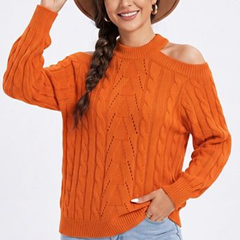 Women's Mock Neck Cold Shoulder Cable Knit Long Sleeve Pullover Sweater
