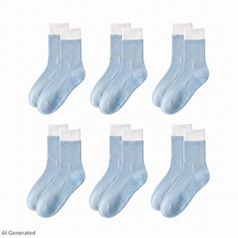 Women's 6 Pair Non-Slip Crew Socks with Contrast Ribbed Cuffs