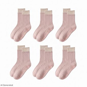 Women's 6 Pair Non-Slip Crew Socks with Contrast Ribbed Cuffs