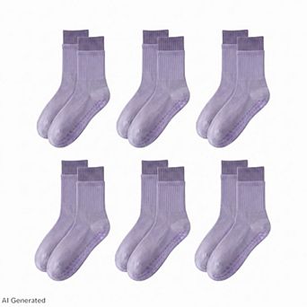 Women's 6 Pair Non-Slip Crew Socks with Contrast Ribbed Cuffs