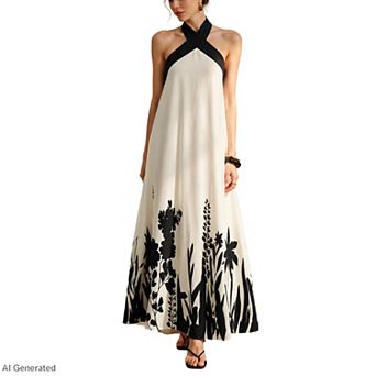 Halter Neck Maxi Dress with Crisscross Straps Open Back Tie Waist