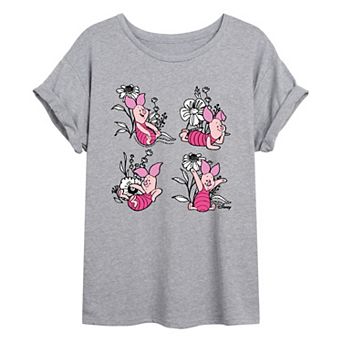 Juniors' Disney’s Winnie The Pooh Piglet Flowers Oversized Tee