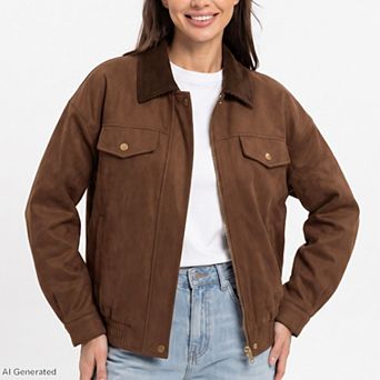 Women's Utility Jacket Zip Front Contrast Collar Chest Pockets Relaxed Fit