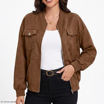 Women's Bomber Jacket Zip Front Ribbed Trim Chest Pockets Relaxed Fit Long Sleeve