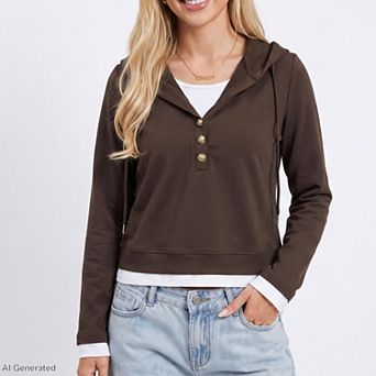 Womens Hooded Long Sleeve Pullover Top with Button Detail and Contrast Trim