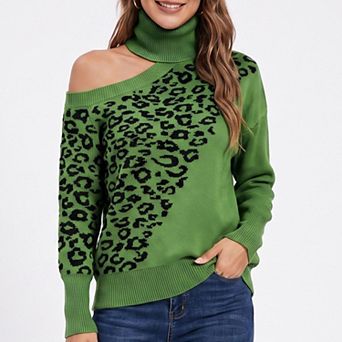 Women's Leopard Print Cold Shoulder Turtleneck Sweater