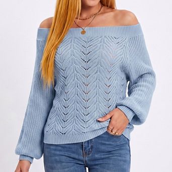 Women's Off Shoulder Pointelle Knit Long Sleeve Sweater