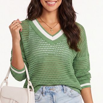 Women's Openwork Mesh V-Neck Long Sleeve Sweater