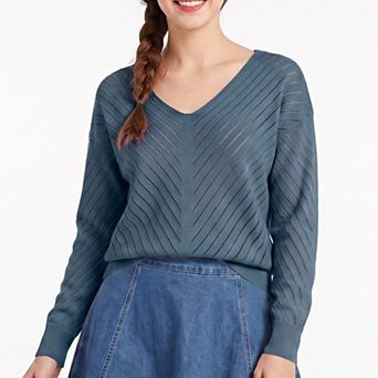 Women's V-Neck Chevron Pointelle Knit Long Sleeve Sweater