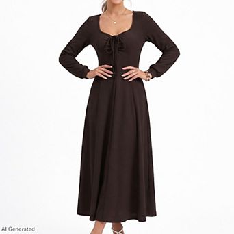 Women's Tie Front Maxi Dress Square Neck Long Sleeve Fit and Flare Textured Dress