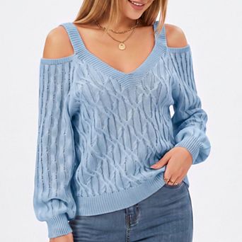 Women's Cold Shoulder V Neck Cable Knit Long Sleeve Sweater