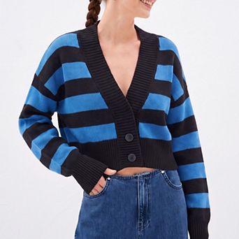 Women's Striped V-Neck Cropped Cardigan Sweater