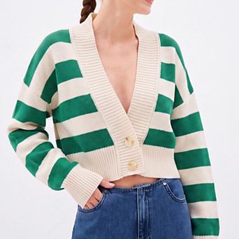 Women's Striped V-Neck Cropped Cardigan Sweater