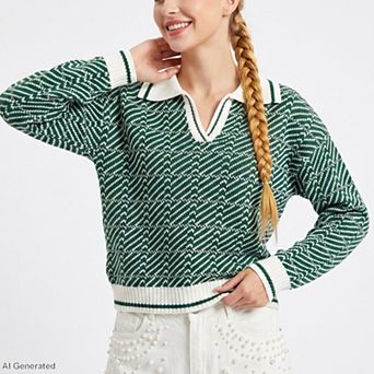 Womens Geometric Knit Polo Collar Long Sleeve Sweater