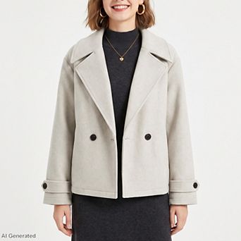 Women's Double Breasted Short Coat Notched Collar Long Sleeve Relaxed Fit Jacket