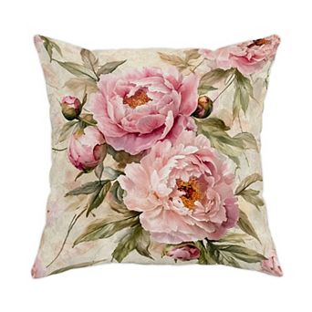 Throw Pillow Cover, Vintage Pink Peony Floral Print Cushion Case for Cottage Sofa Home Decor