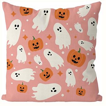 Throw Pillow Cover, Pink Background Ghost Pumpkin Print Cushion Case for Cute Halloween Decor