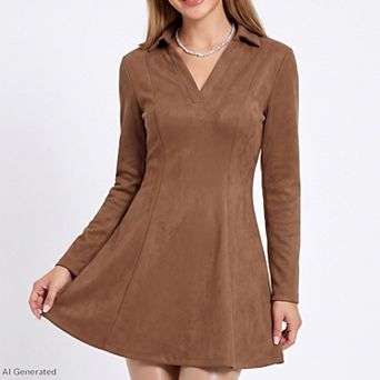 Womens Brown Collared V Neck Long Sleeve Faux Suede Fit and Flare Mini Dress