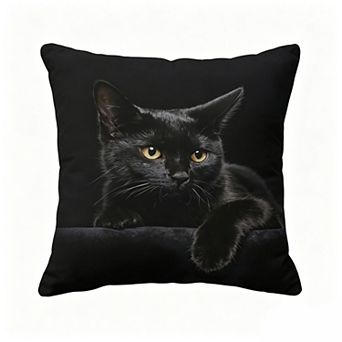 Throw Pillow Cover, Realistic Black Cat Portrait Print Cushion Case for Dark Style Indoor Decor
