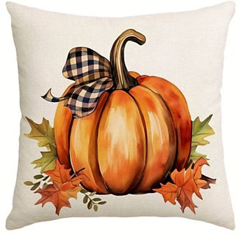 Throw Pillow Cover, Plaid Bow Pumpkin Maple Leaf Print Cushion Case for Fall Farmhouse Sofa Decor