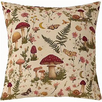 Throw Pillow Cover, Vintage Forest Mushroom Fern Floral Cushion Case for Cottagecore Home Decor