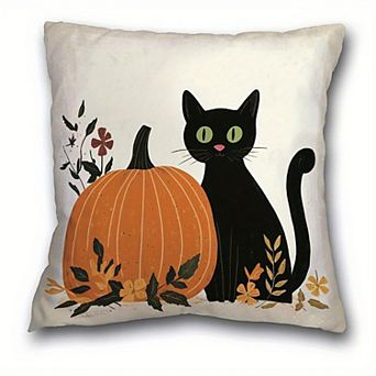 Throw Pillow Cover, Black Cat Pumpkin Floral Print Cushion Case for Fall Farmhouse Halloween Decor