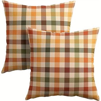 2 pc Plaid Throw Pillow Covers, Warm Orange Yellow Check Cushion Cases for Harvest Room Decor