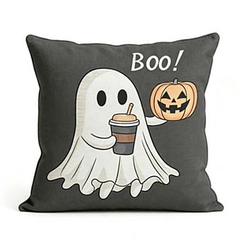 Throw Pillow Cover, Boo Ghost Coffee Pumpkin Print Cushion Case for Cute Halloween Decor