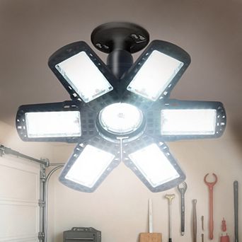 11 in 48W Black LED Garage Ceiling Light, 6 Foldable Adjustable Panels for Basement & Workshop