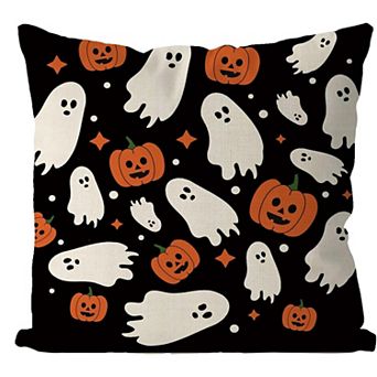 Throw Pillow Cover, Black Background Ghost Pumpkin All Over Print Cushion Case for Halloween