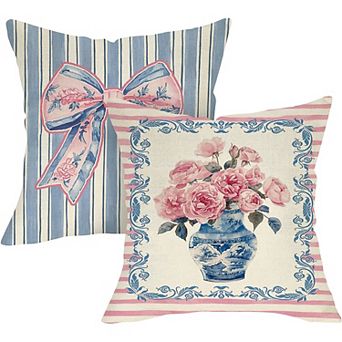 2 pc Throw Pillow Covers, Blue Vase Rose Bow Floral Cushion Cases for Vintage Cottage Decor