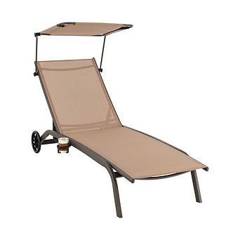 Adjustable Patio Chaise Lounge with Canopy, Cup Holder and Wheels
