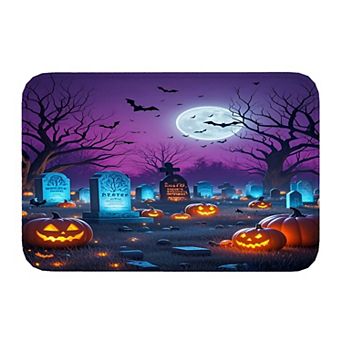 Halloween Graveyard Pumpkin Scene Floor Mat, Soft Non-Slip Decorative Entry Rug