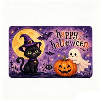 Black Cat Witch Hat Pumpkin and Spider Print Floor Mat Flannel Material NonSlip Carpet