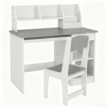 Kids Desk and Chair Set with Storage, Children Study Table, Gray MDF Sturdy Learning Furniture