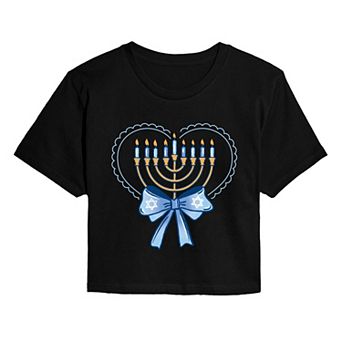 Juniors' Coquette Hanukkah Menorah Heart & Bow Cropped Tee
