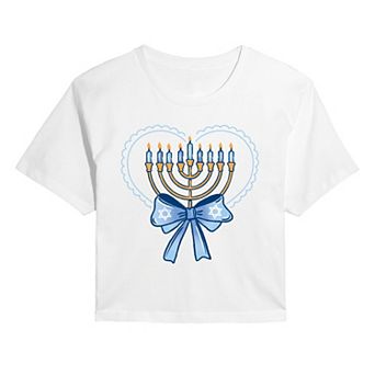 Juniors' Coquette Hanukkah Menorah Heart & Bow Cropped Tee