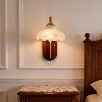 1-Light Retro Wall Sconce, 110V, Natural Copper Body & Wood Grain Backplate, Glass Shade, E26 Socket