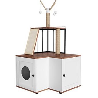 Litter Box Enclosure Cat Tree, Wooden Hidden Cat Litter Box Furniture with Scratching Post