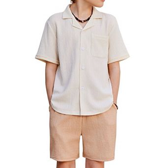Arshiner Boys Ribbed Textured Outfits Short Sleeve Cuban Collar Shirt Shorts Set Summer