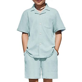 Arshiner Boys Ribbed Textured Outfits Short Sleeve Cuban Collar Shirt Shorts Set Summer