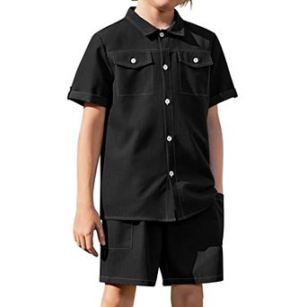 Arshiner Kids Young Boys Woven Shorts Set Short Sleeve Shirt And Denim Shorts Casual Set