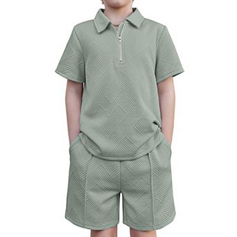 Arshiner Boys Outfits Short Sleeve Zip Polo Shirt Drawstring Shorts Set Kids Summer Track