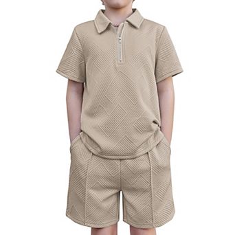 Arshiner Boys Outfits Short Sleeve Zip Polo Shirt Drawstring Shorts Set Kids Summer Track
