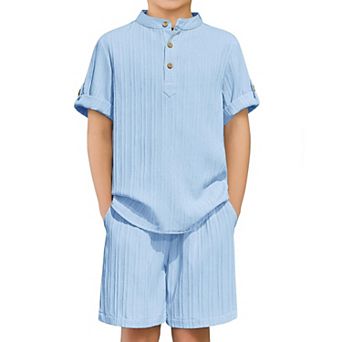Arshiner Boys Piece Beach Outfit Short Sleeve Textured Button Down Shirt And Short Sets Summer