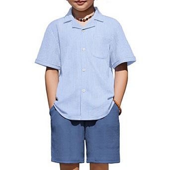 Arshiner Boys Ribbed Textured Outfits Short Sleeve Cuban Collar Shirt Shorts Set Summer