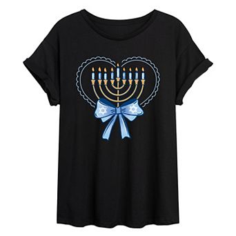 Juniors' Coquette Hanukkah Menorah Heart & Bow Oversized Tee