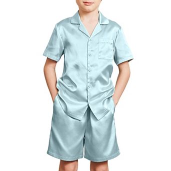 Arshiner Boys Silk Satin Pajama Set Short Sleeve Button Down Sleepwear